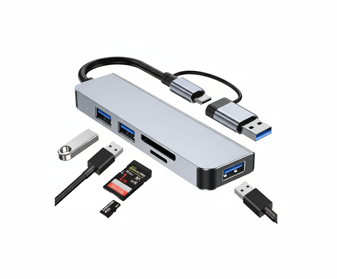 HUB 5 EN 1 DUAL USB 3.0 / USB-C (3 USB + SD + MICROSD) COLOR SILVER